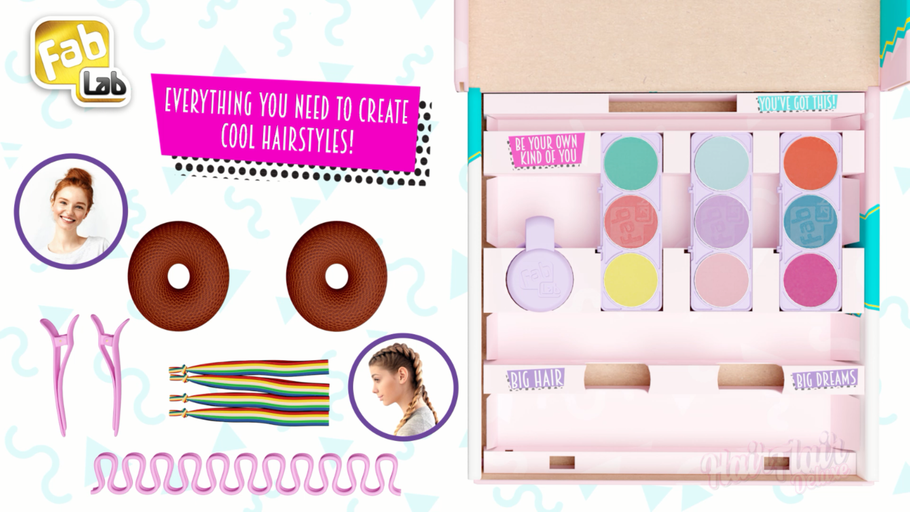 The NEW Hair Flair Deluxe kit from FabLab! With 9 vibrant hair chalk colours and accessories!